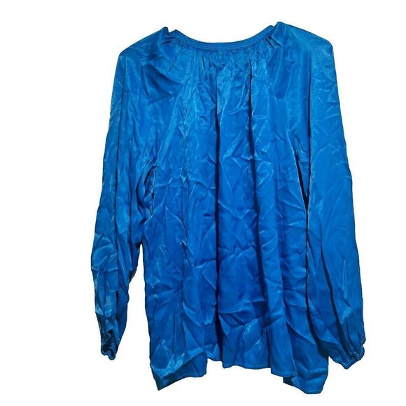 Johnny Was Calme Blouse Top Medium Royal Blue Satin Long Sleeve Tassel Tie Up - Picture 3 of 6